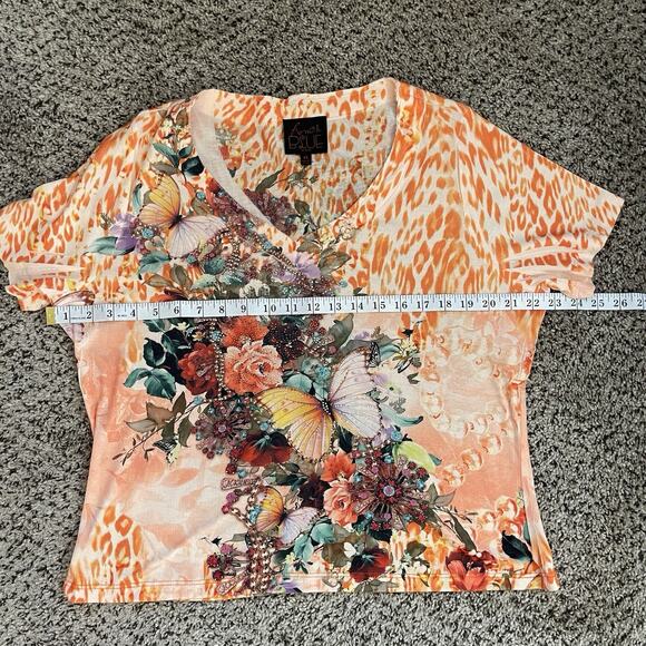 Vtg FRENCH BLUE Orange Boxy Tee Butterfly Rhinestone Cheetah Y2K Fairy Sz 1X - Picture 6 of 7